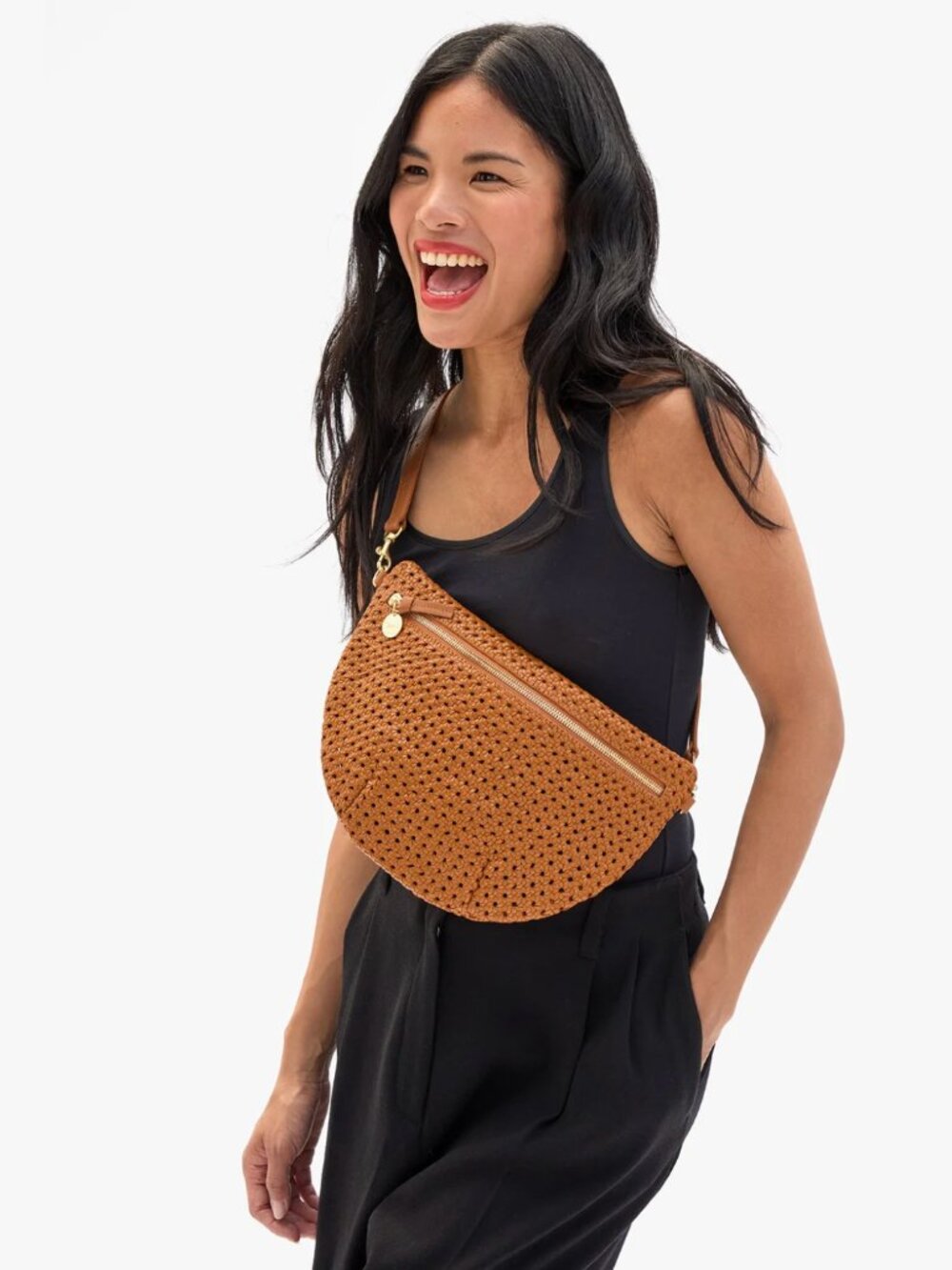 NWT Clare V. Grande Fanny in Tan Rattan Woven Leather + Black/Cream Checker Stra - Picture 7 of 10
